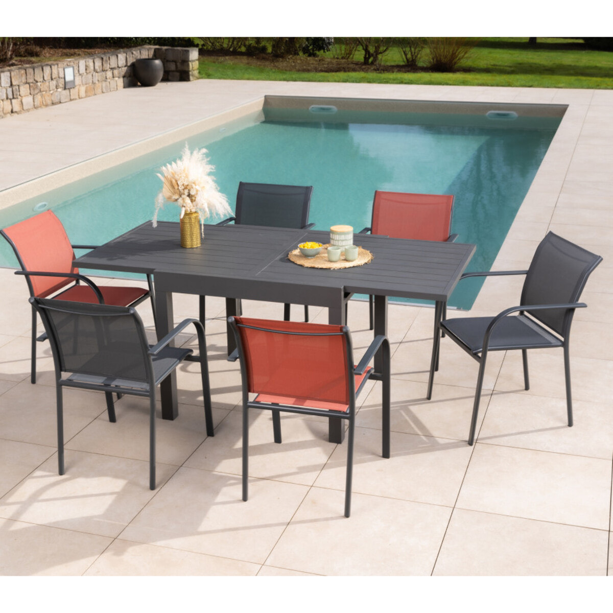 Ensemble table et chaises de jardin  - gris anthracite et terracotta - HONFLEUR BEZIERS