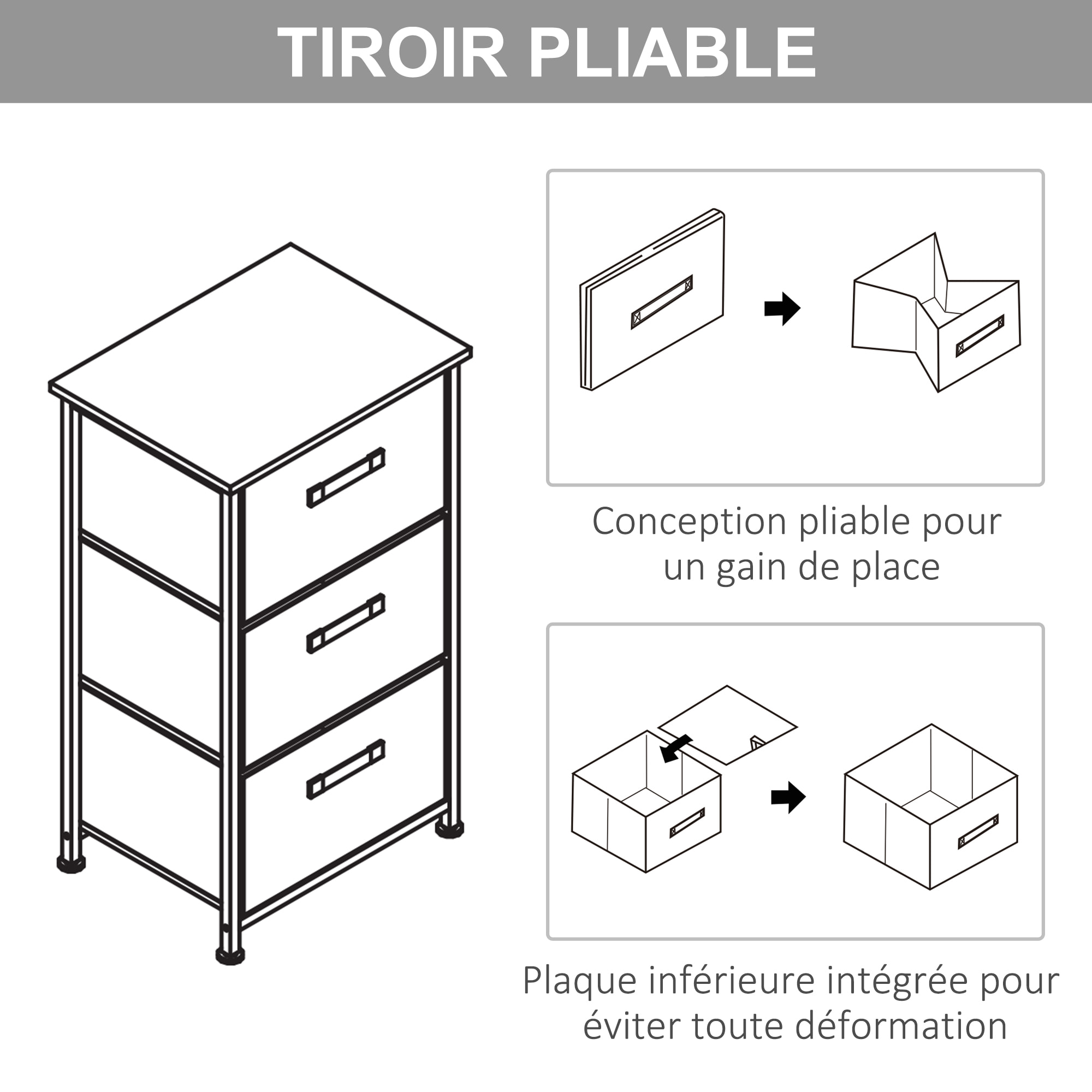 Rangement 3 tiroirs chiffonnier métal blanc effet bois clair non tissé gris clair