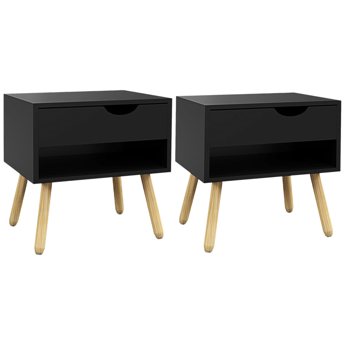 Lot de 2 tables de chevet design scandinave - tiroir, niche - piètement bois pin - noir