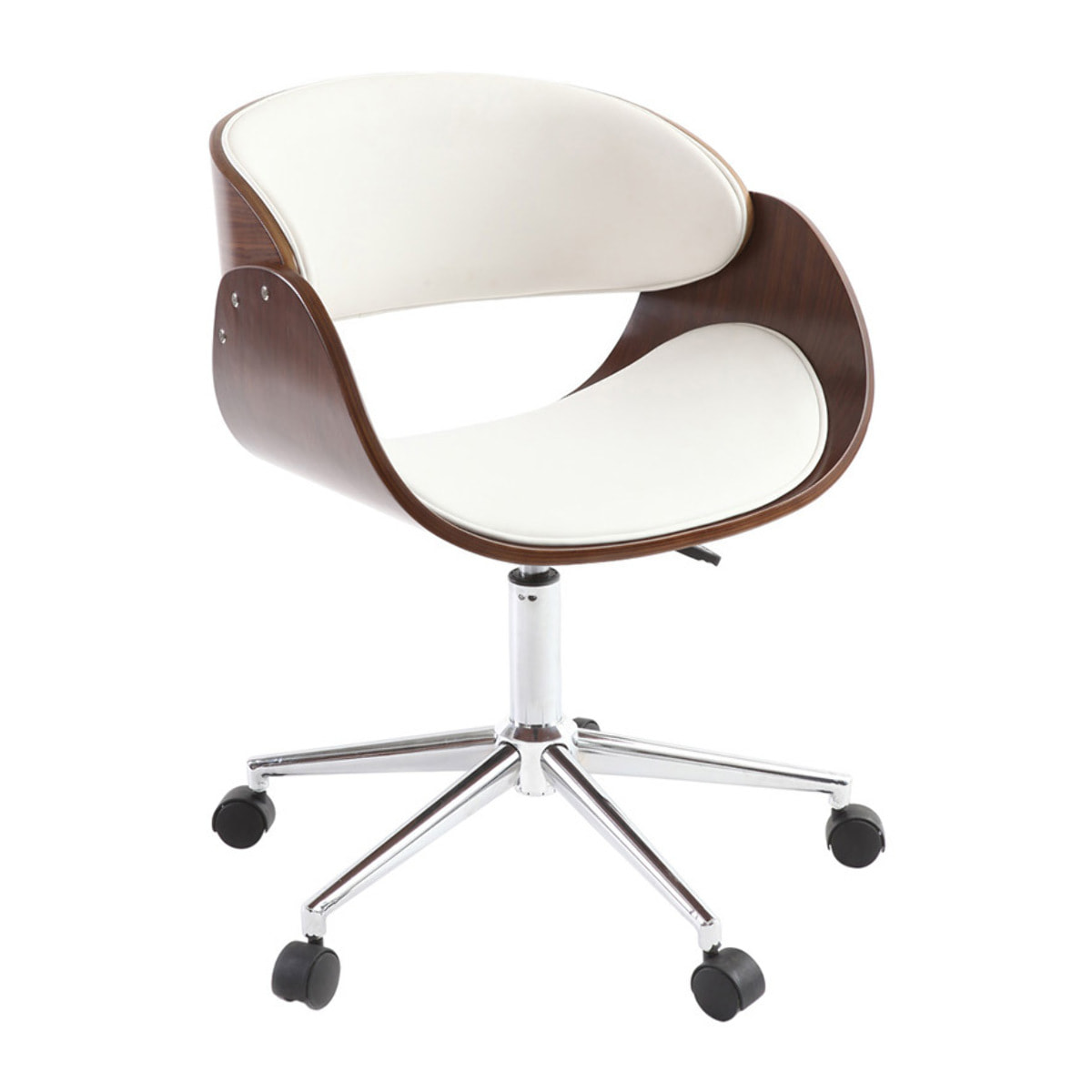Chaise de bureau à roulettes design blanc, bois foncé noyer et acier chromé BENT