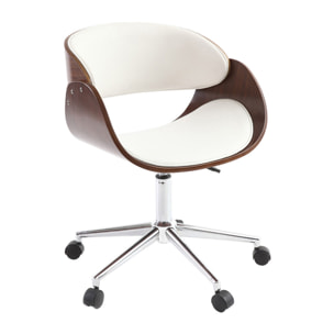 Chaise de bureau à roulettes design blanc, bois foncé noyer et acier chromé BENT