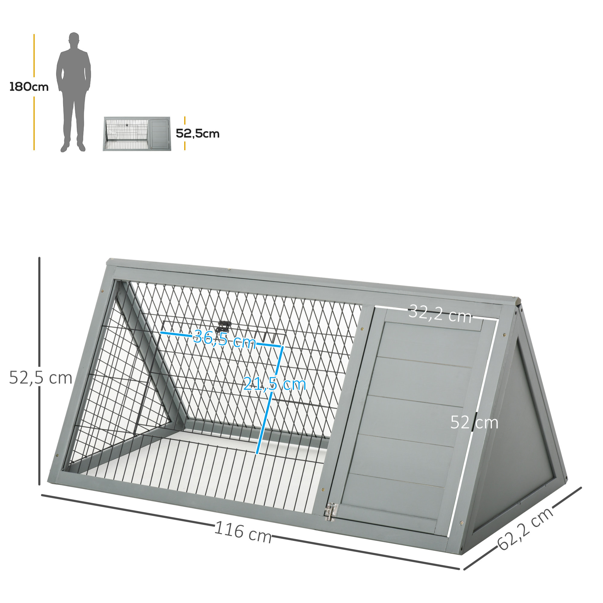 Clapier triangulaire de sol enclos extérieur niche double porte dim. 116L x 62l x 52,5H cm métal bois sapin gris