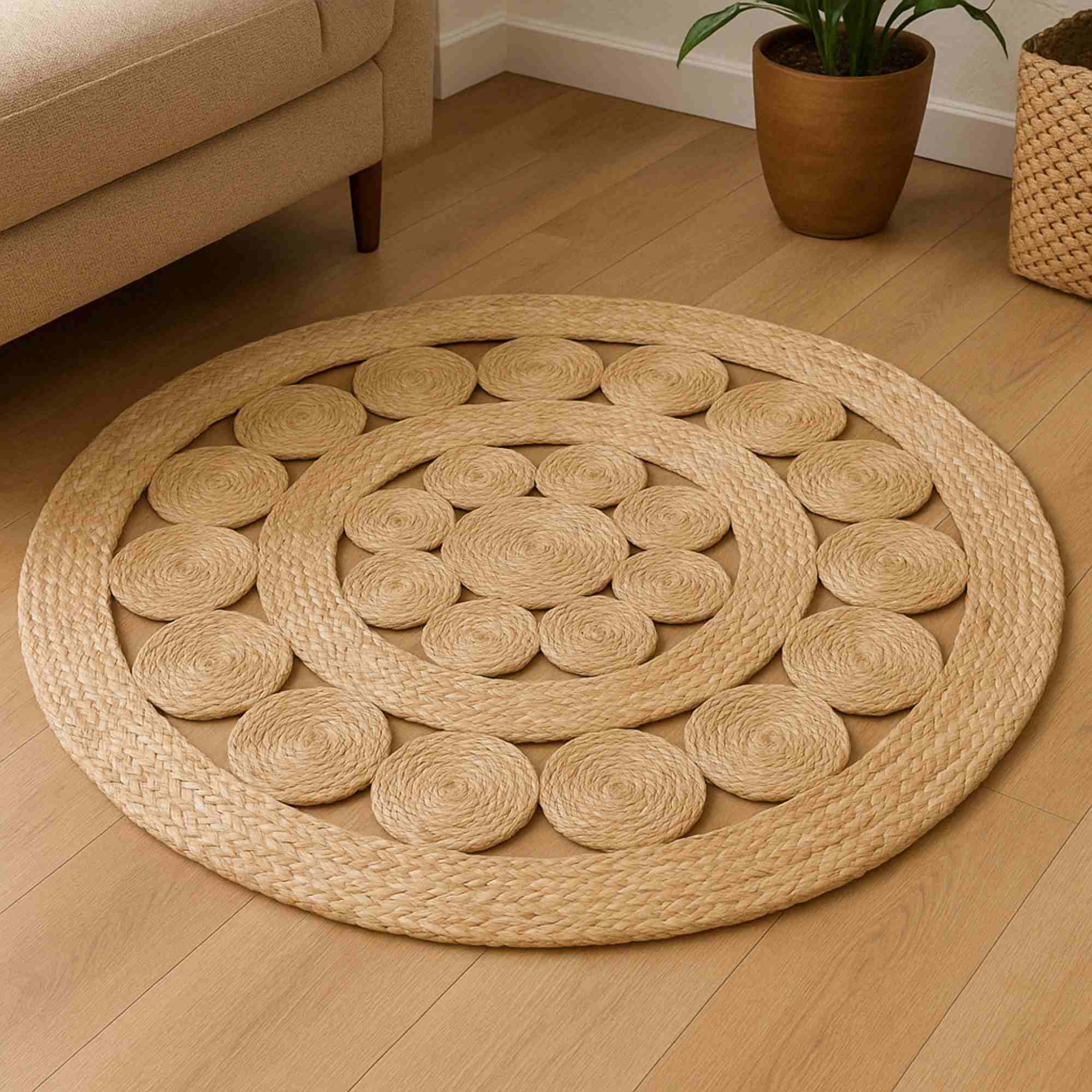 Alfombra redonda de yute trenzado - Diseño de líneas caladas para decorar con estilo y calidez 90cm,