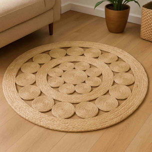 Alfombra redonda de yute trenzado - Diseño de líneas caladas para decorar con estilo y calidez 90cm,