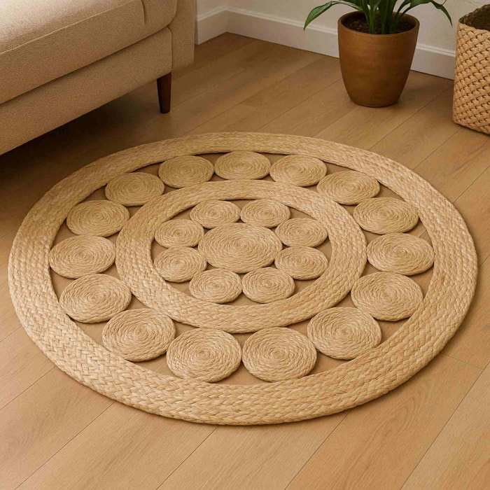 Alfombra redonda de yute trenzado - Diseño de líneas caladas para decorar con estilo y calidez 90cm,