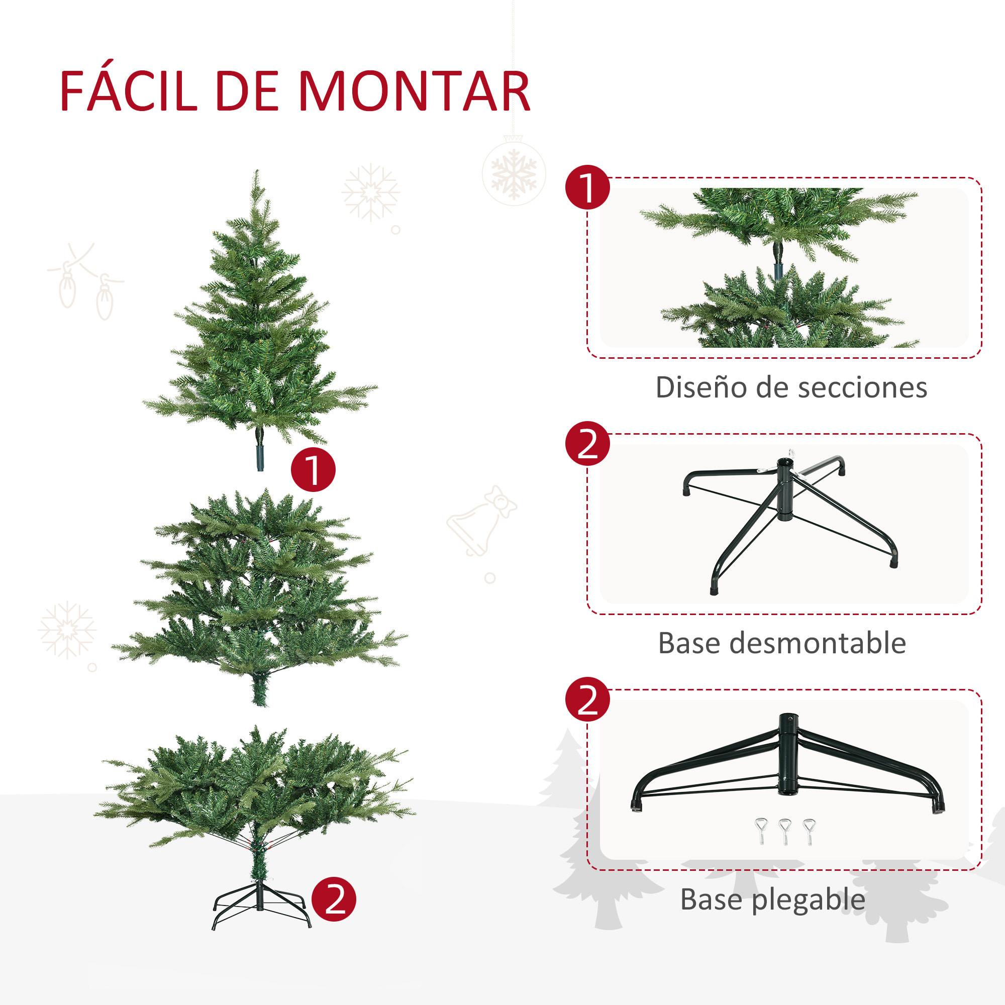 HOMCOM Árbol de Navidad Artificial 180 cm Ignífugo con 1443 Ramas Hojas de PVC Base Plegable y Soporte Metálico Decoración Navideña para Interiores Verde