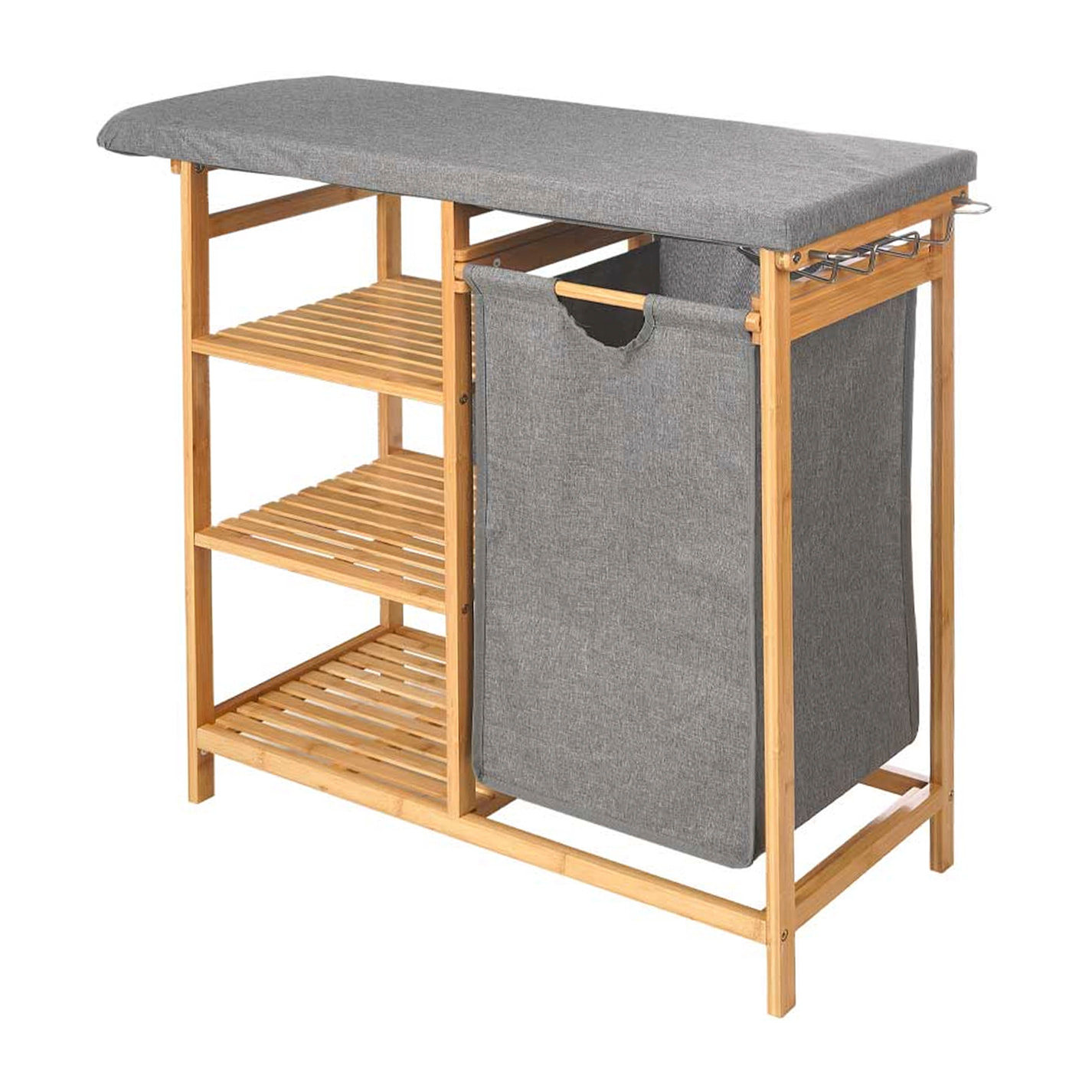 Asse da stiro in bambù color grigio con 3 cassetti e sacchetto per la biancheria.
