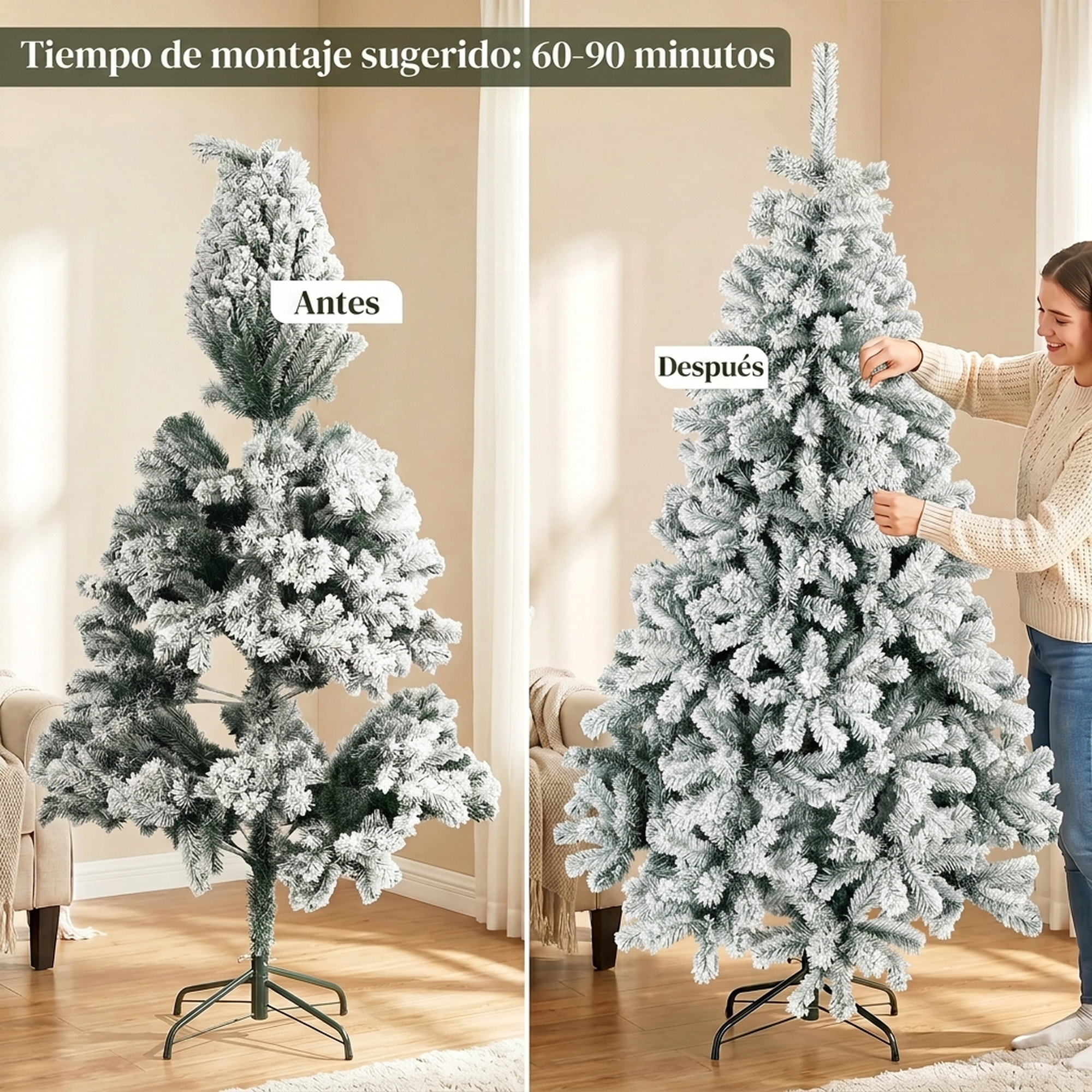 Árbol de Navidad Nevado de 220 cm, Árbol de Navidad de Abeto con Ramas Articuladas, 1000 Puntas de PVC Ignífugo, Montaje Rápido, Soporte de Acero Plegable, Verde y Blanco
