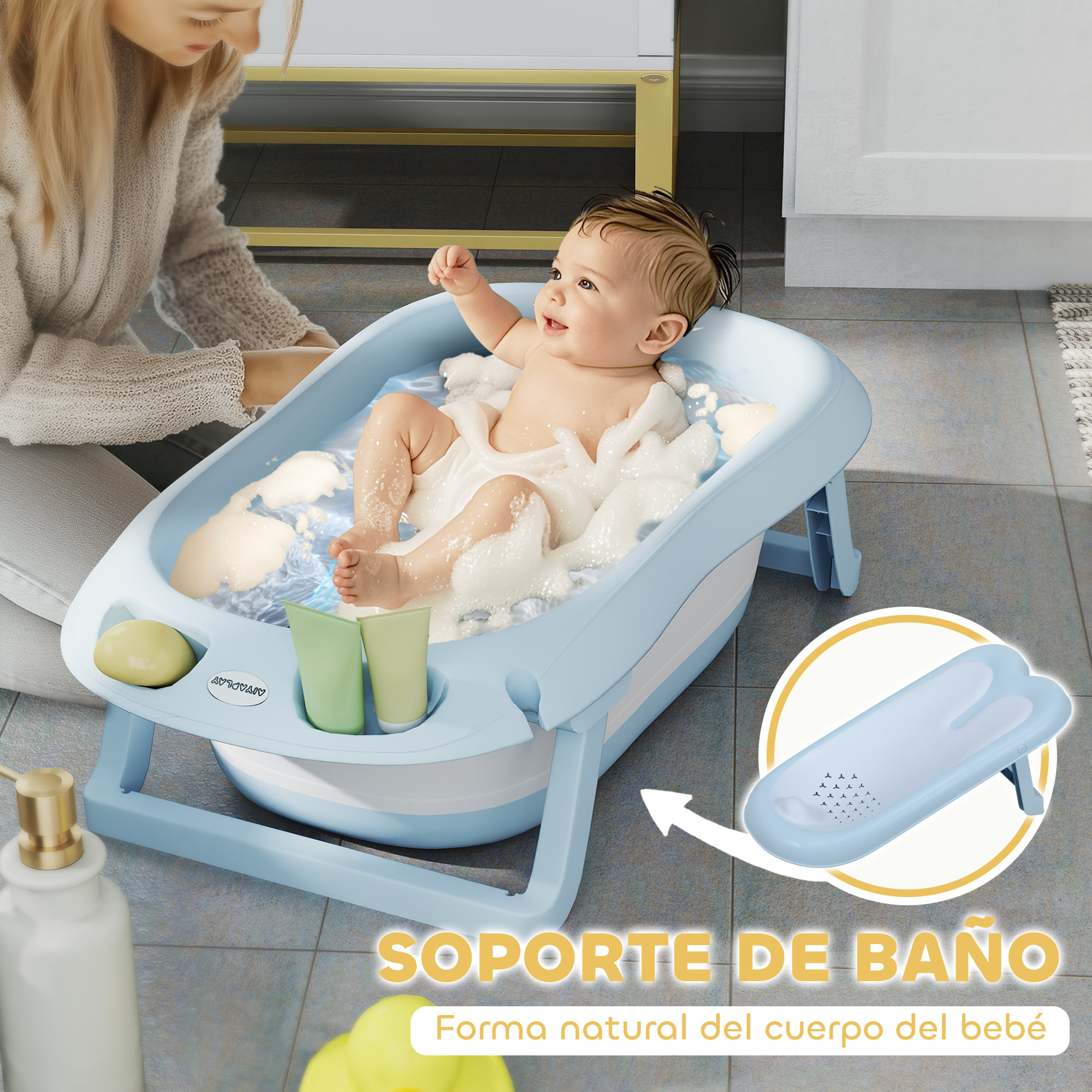 Bañera Plegable Bebé con Soporte 83x48x23,5 cm Bañera Bebé 0-3 Años con Orificio de Drenaje y Agujero de Ducha Azul Claro