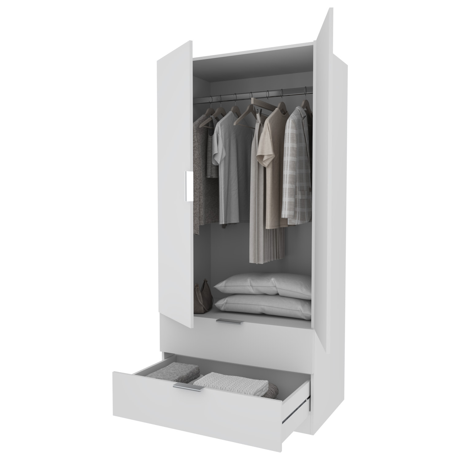 Armadio Santa Clara Armadietto Multiuso per Camera da Letto con Appendiabiti 2 Ante con Maniglie in Metallo e 2 Cassetti 180 x 81 x 52 Cm Bianco