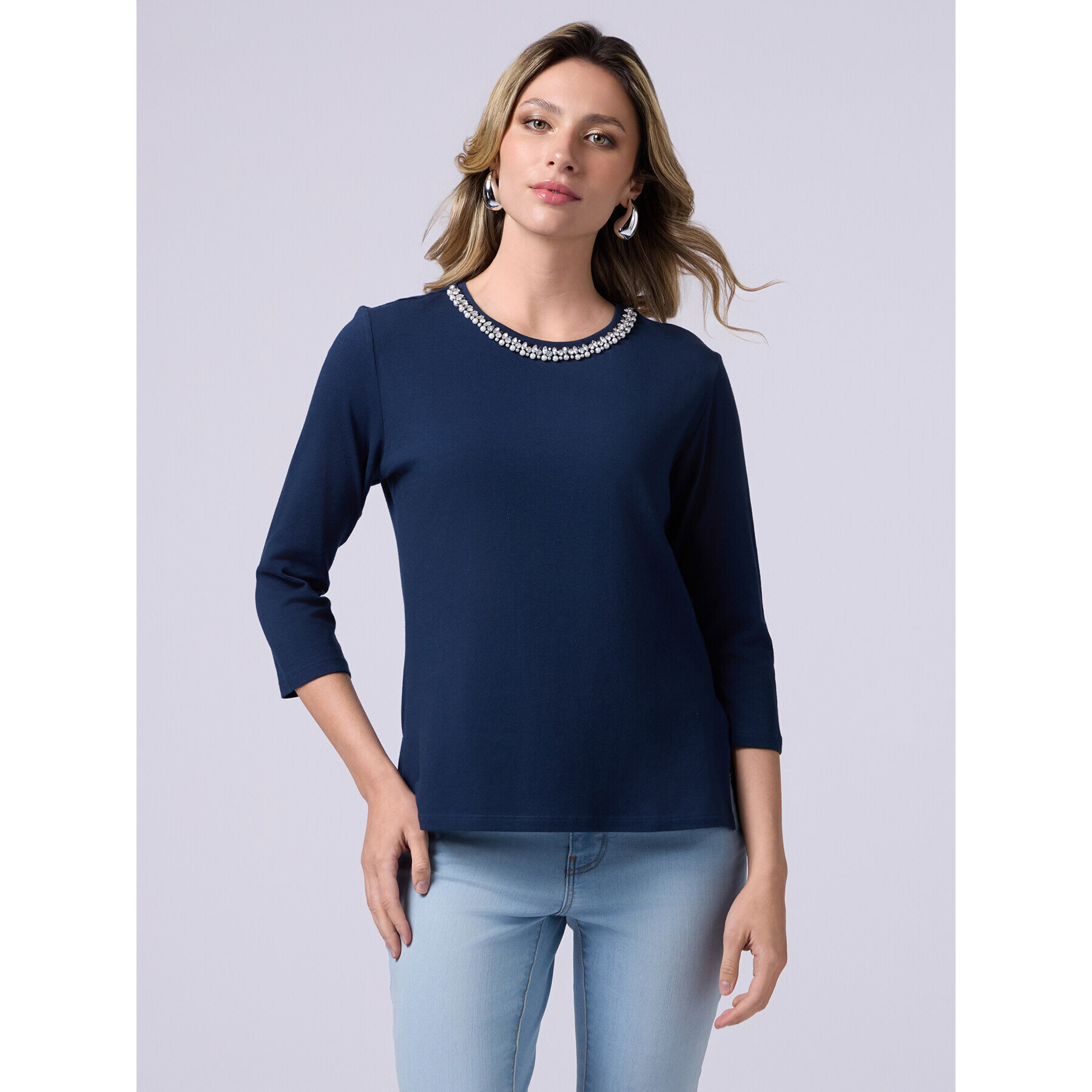 Oltre - Camiseta de manga larga con bordado joya - Azul