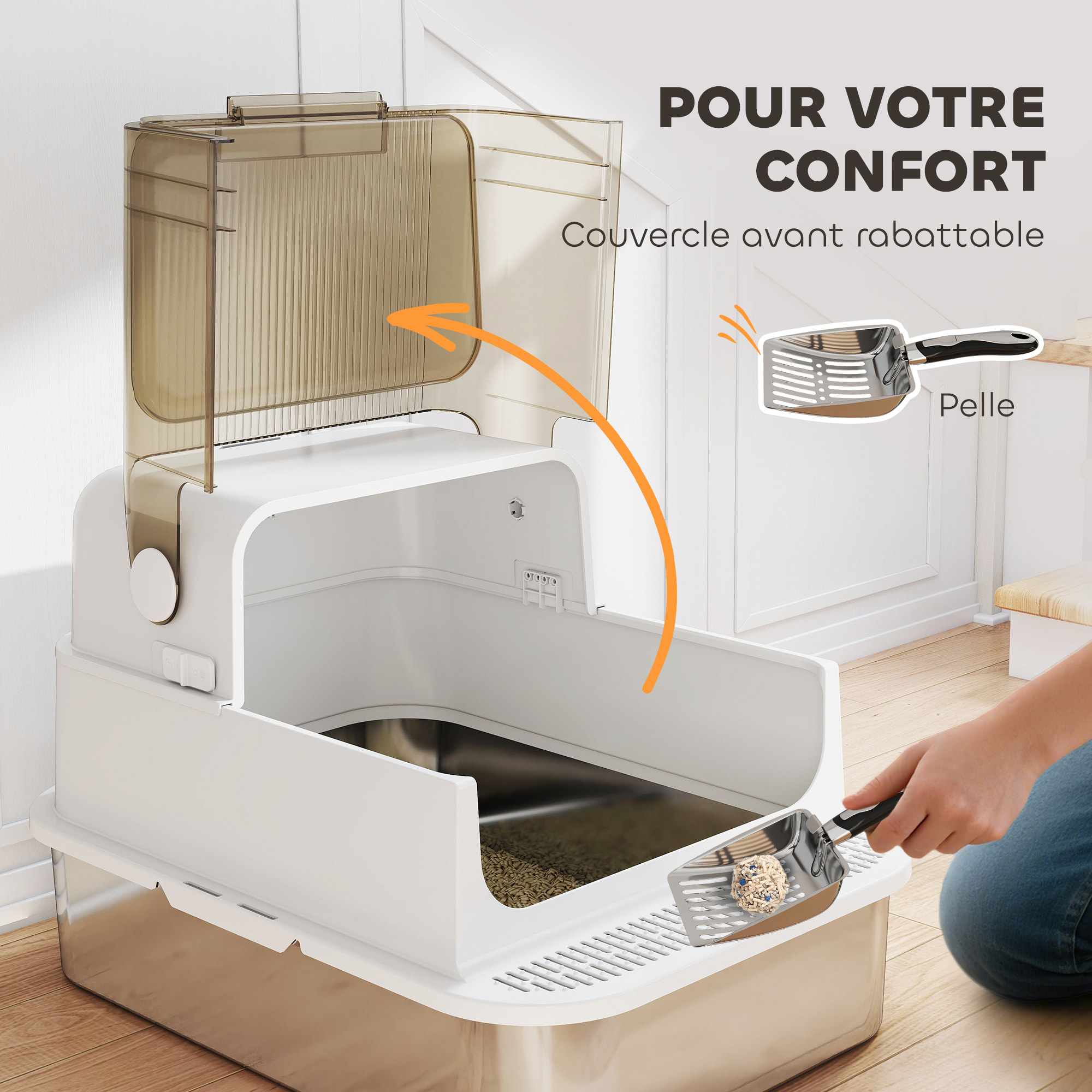 Maison de toilette bac à litière fermé acier inox - pelle, couvercle ouvrant, désodorisant - blanc fumé