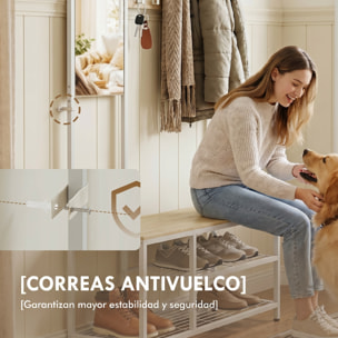 Perchero Zapatero 4 en 1, Perchero Recibidor con Banco Zapatero, Espejo, 8 Ganchos y Marco Metálico, Estilo Moderno, para Entrada, Pasillo, Natural