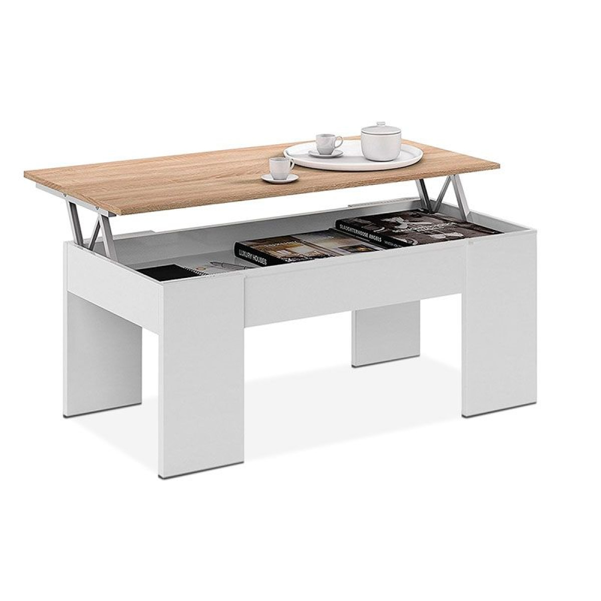 Mesa de centro elevable Low Cost Blanco Artik (Blanco Mate) - Roble Canadian