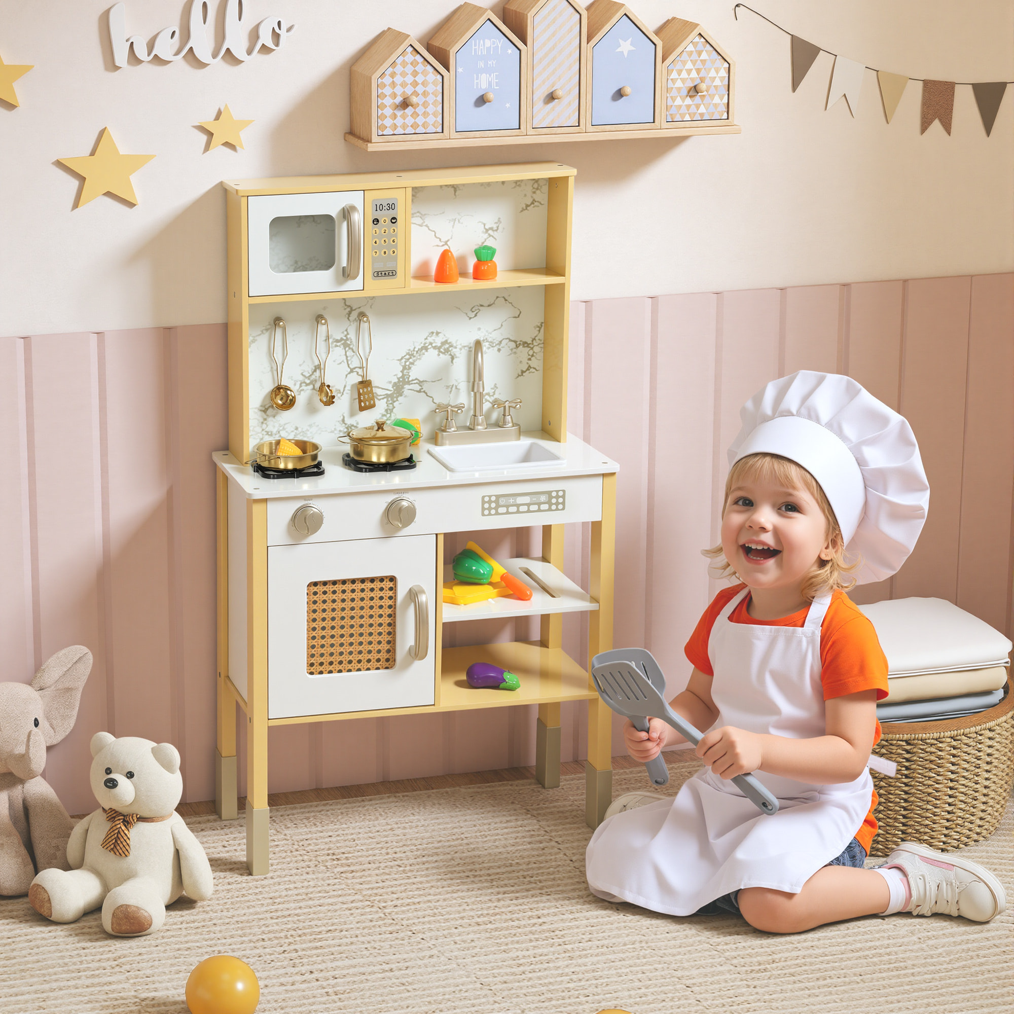 Cocina de Juguete de Madera con Sonido, Cocinita Infantil con Accesorios de Acero Inoxidable, Microondas, Horno, Fregadero, Verduras para Cortar, para Niños a Partir de 3 Años, Dorado