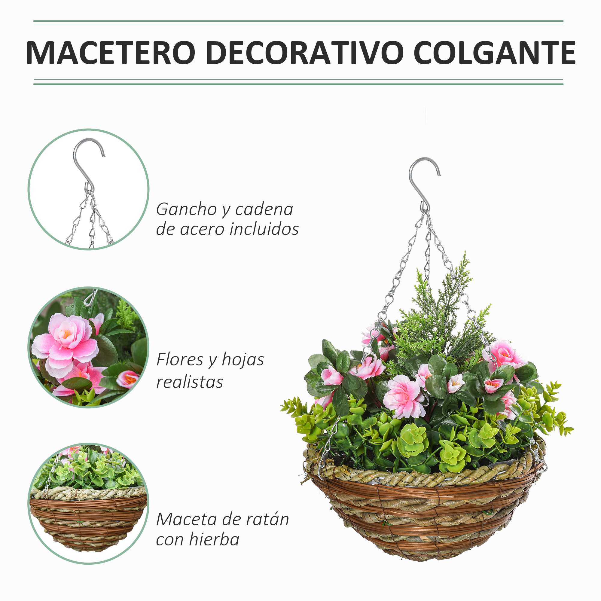 Juego de 2 Plantas Colgantes de Lisianthus Sintéticas para Interior y Exterior con Maceta de Mimbre y Cadenas Ø25x34 cm Rosa y Verde