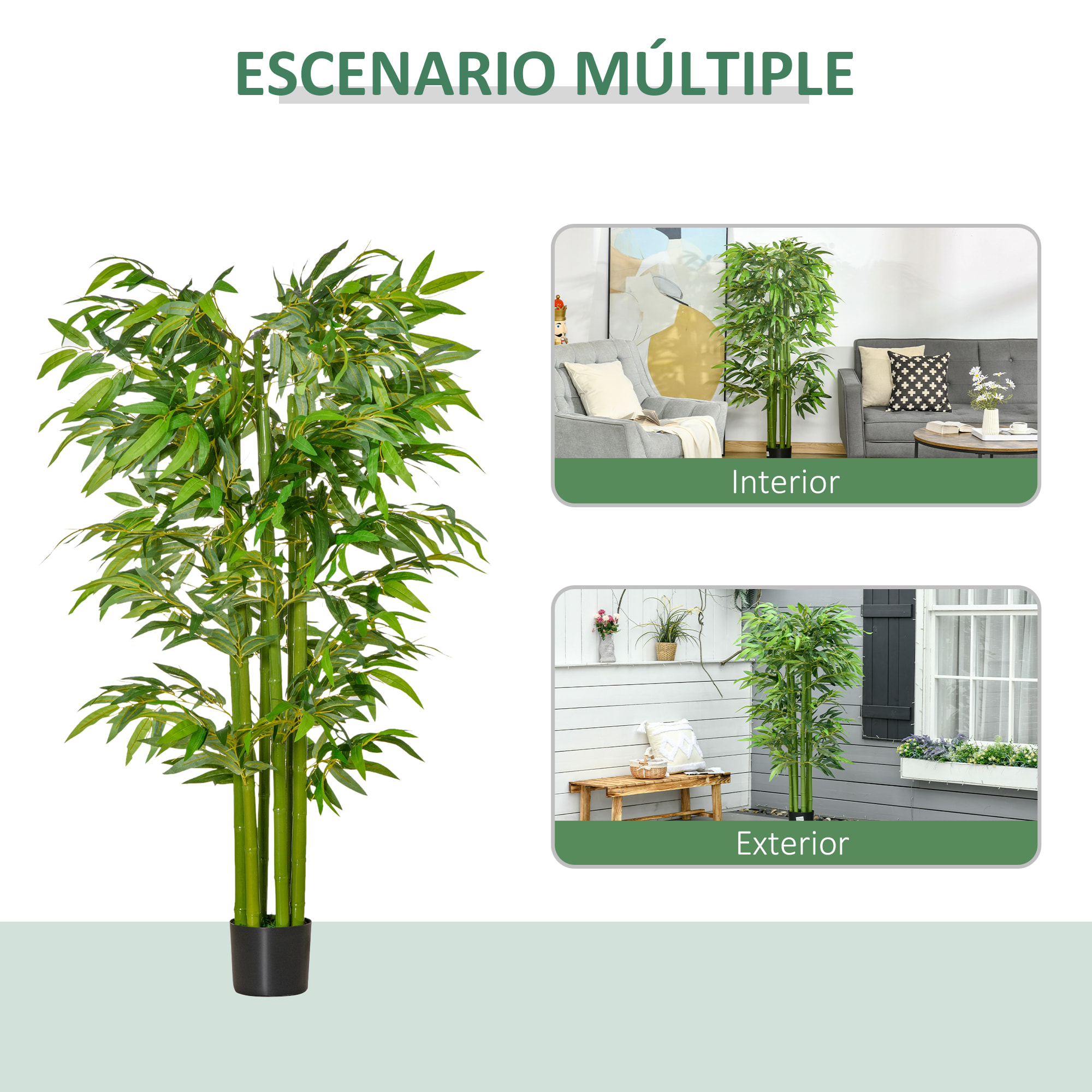 Árbol de Bambú Artificial 160 cm Planta Artificial con 975 Hojas y Maceta Planta Artificial Decorativa para Interior y Exterior Hogar Salón Oficina Verde