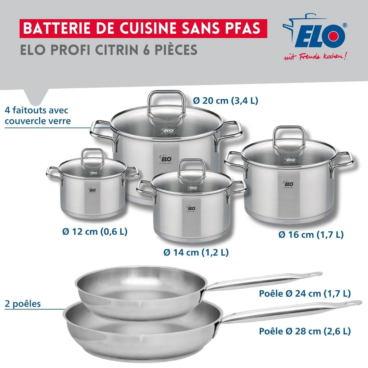 Ensemble de 2 Poêles de cuisson 24 et 28 cm et 4 faitouts 12, 14, 16 et 20 cm Elo Profi Citrin