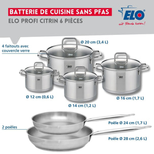 Ensemble de 2 Poêles de cuisson 24 et 28 cm et 4 faitouts 12, 14, 16 et 20 cm Elo Profi Citrin