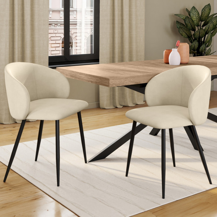 Chaises Léona velours crème pieds métal noirs - lot de 2