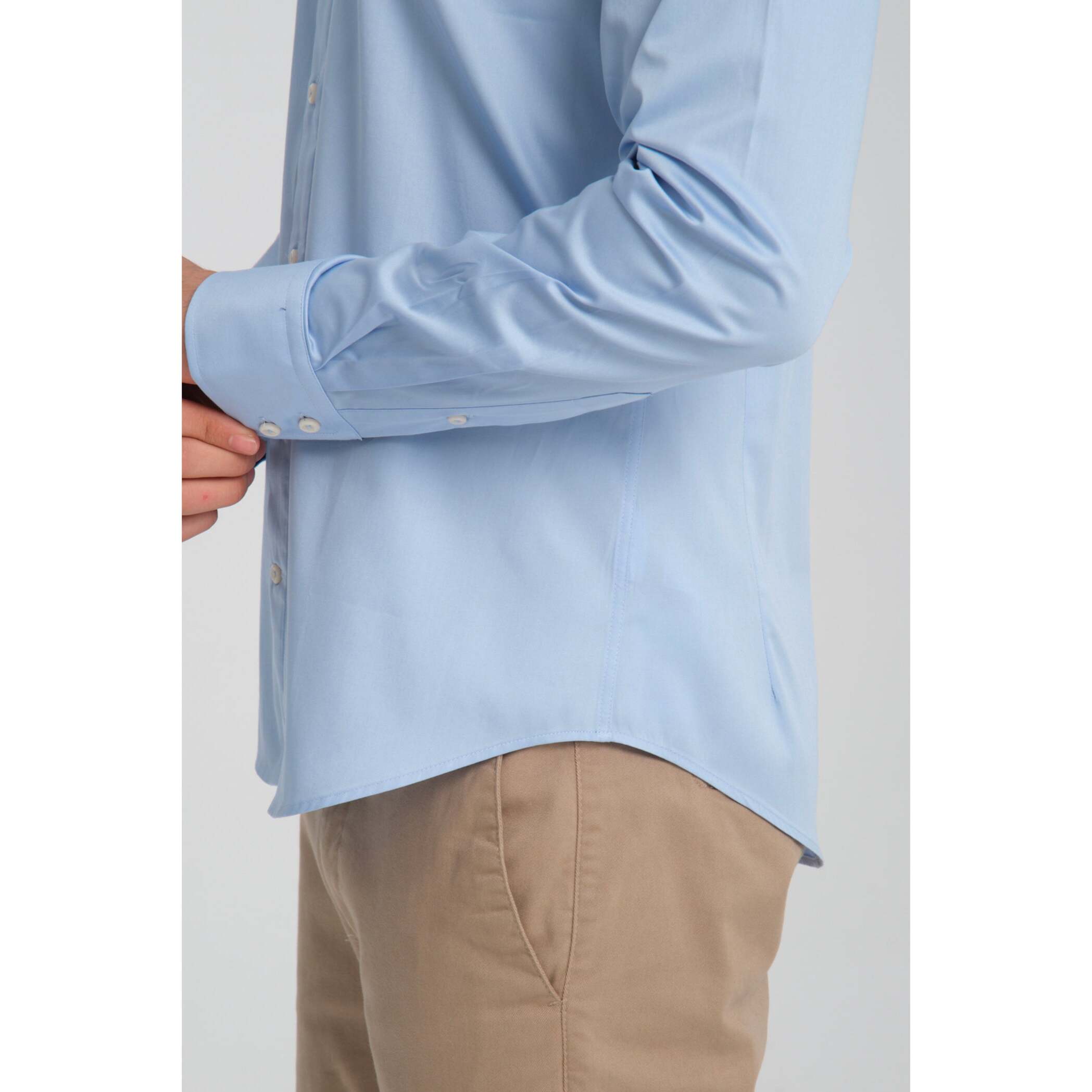 Camicia Uomo 2 Bottoni Button Down 7bottoni Doppio Coll Satin Unito Celeste