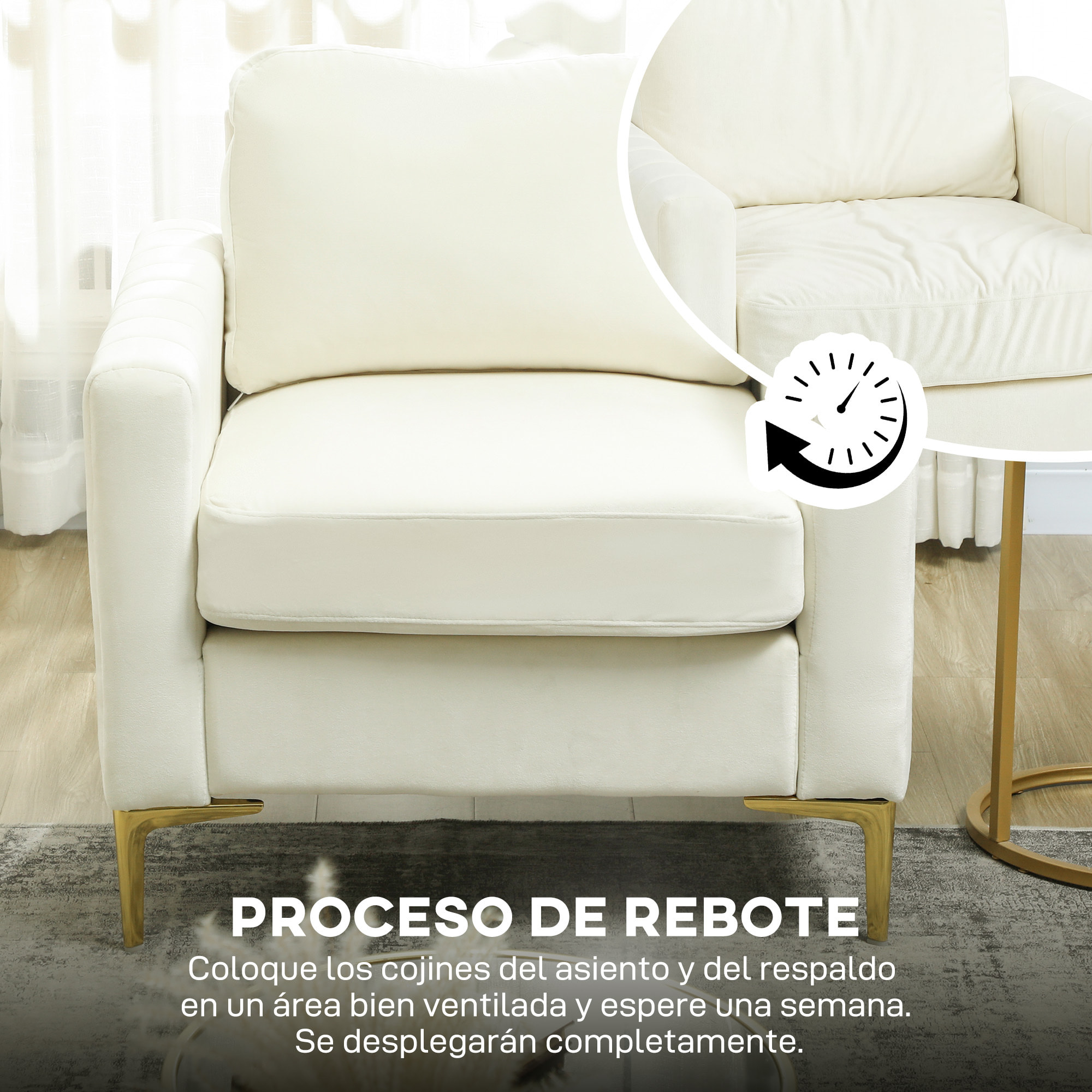 Butaca de Salón, Sillón Relax de 81 cm, Tapizado en Terciopelo, Cojines Gruesos, Patas de Metal, Estructura de Madera, para Sala de Estar, Dormitorio, Oficina, Crema