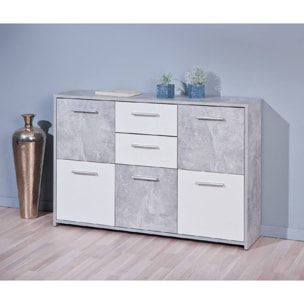 Credenza a cinque ante e due cassetti nella parte centrale, colore bianco e cemento, Misure 115 x 77 x 30 cm