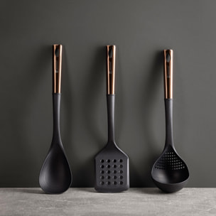 set de 3 utensilios de cocina: espátula ranurada, cuchara y cuhcarón en pbt negro y cobre