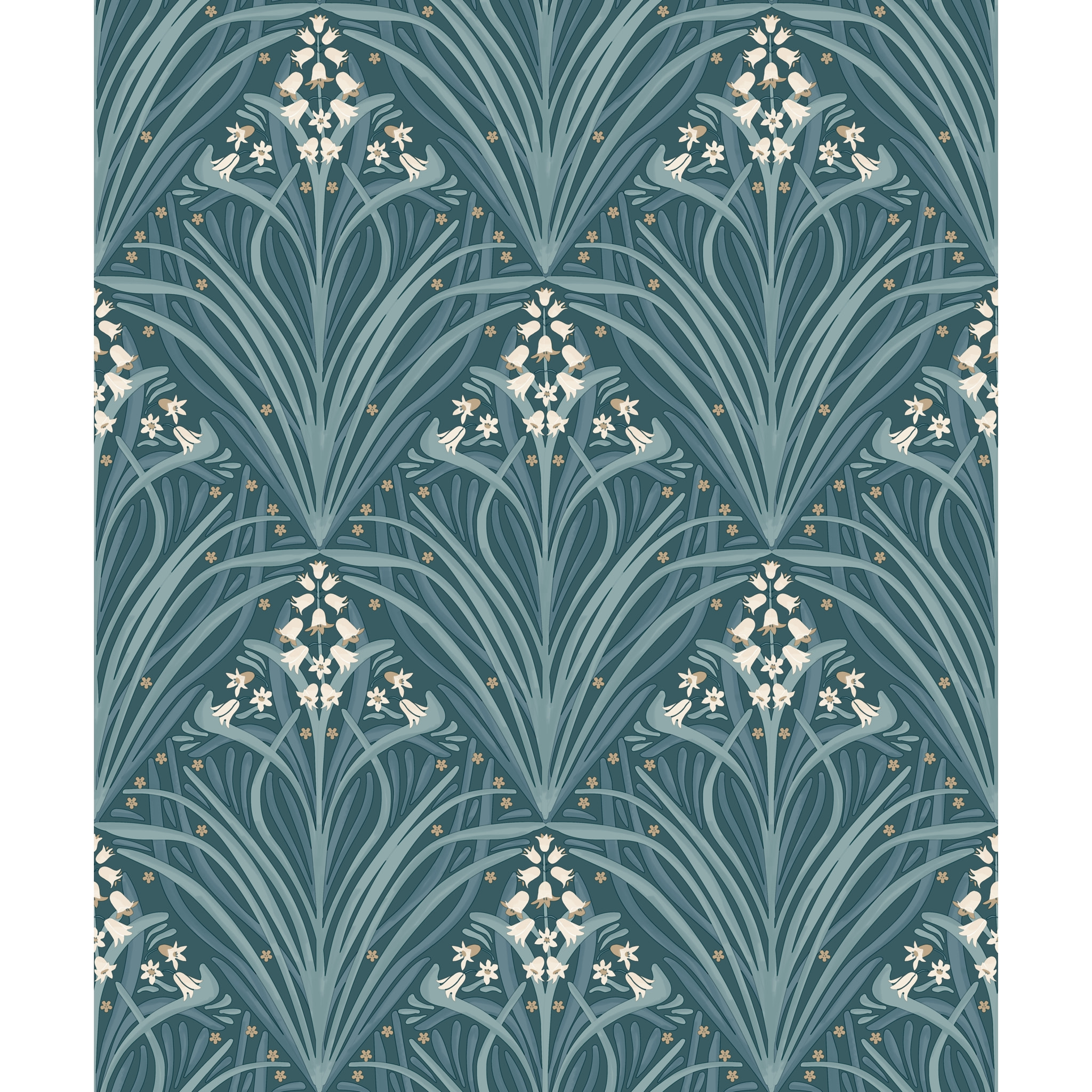 Papier peint Art Nouveau jacinthes bleu canard