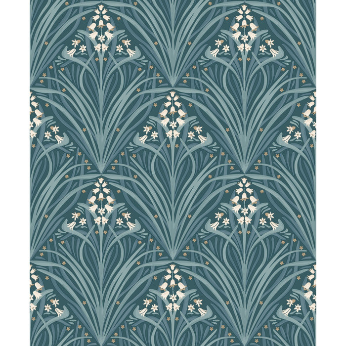Papier peint Art Nouveau jacinthes bleu canard