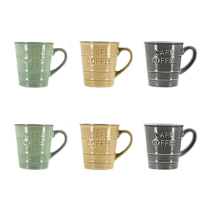 Lot 6 mugs coffee time 37cl en grès 3 couleurs assorties