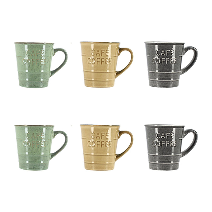 Lot 6 mugs coffee time 37cl en grès 3 couleurs assorties
