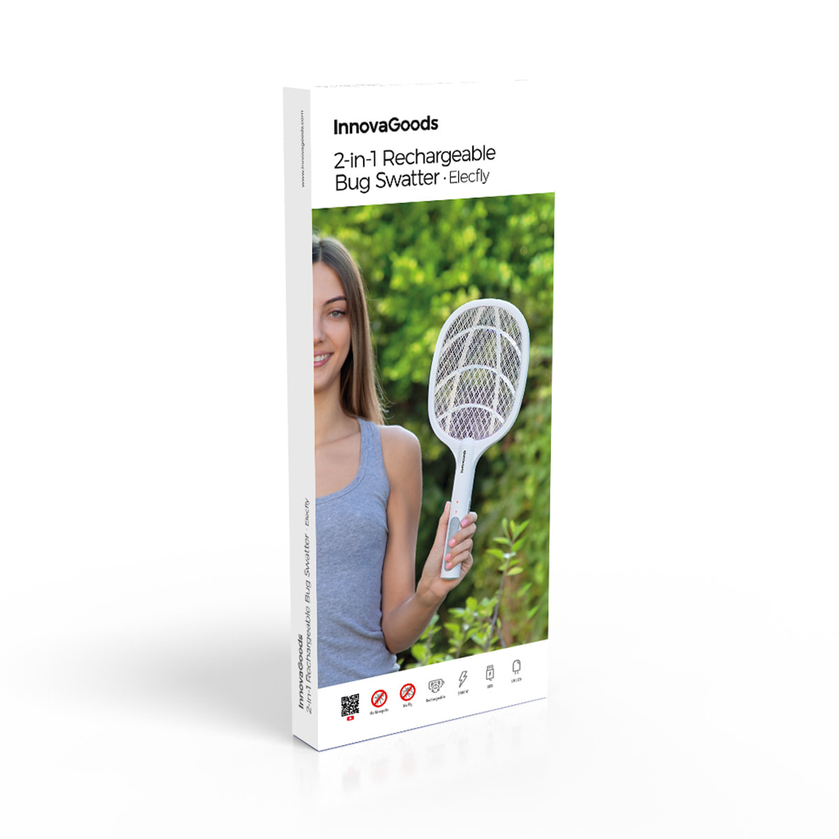 Racchetta elettrica per insetti ricaricabile con luce UV 2 in 1 Elecfly - bianco