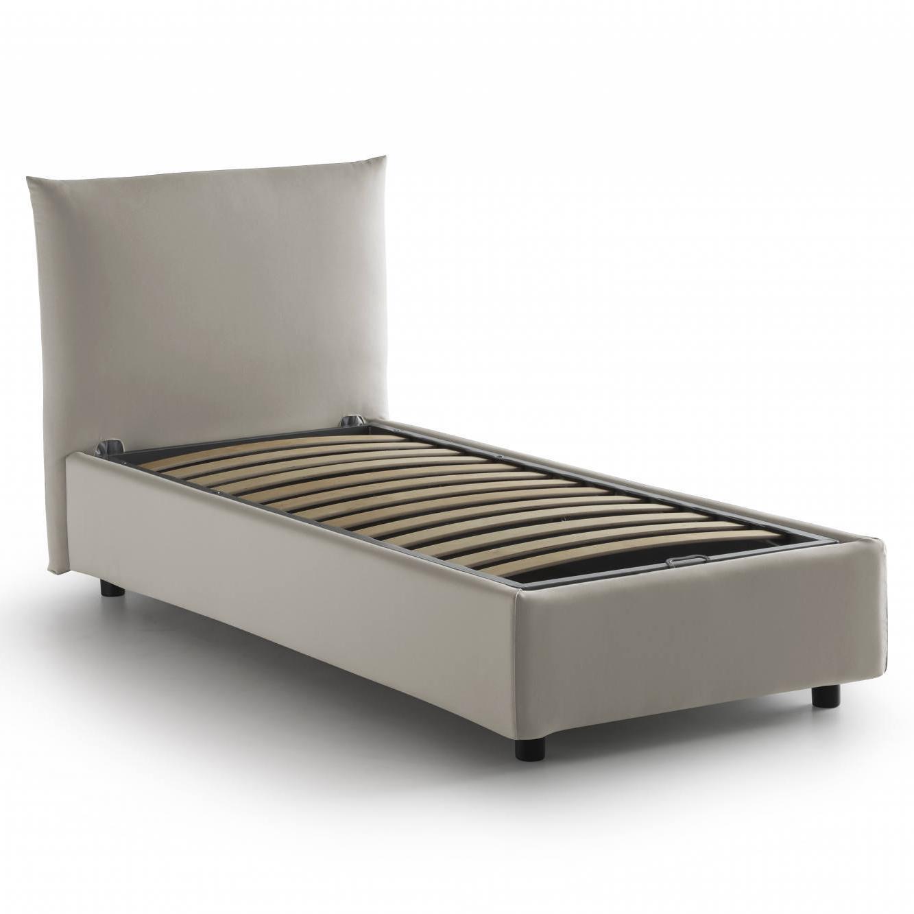 Letto singolo Clarissa, Letto contenitore con rivestimento in tessuto, 100% Made in Italy, Apertura frontale, adatto per materasso Cm 80x190, Beige