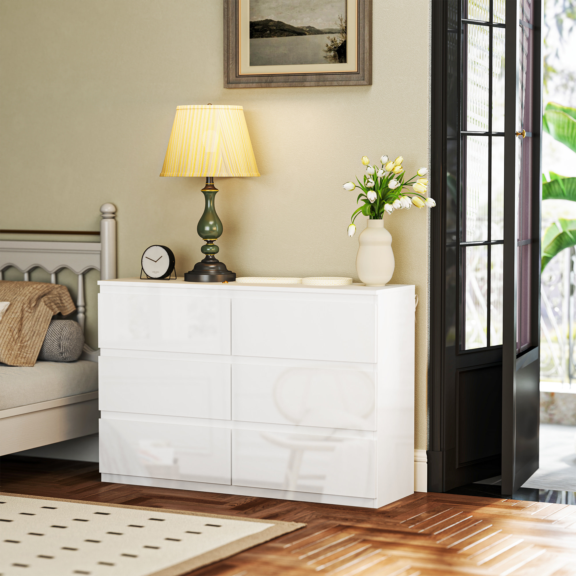 Cómoda con 6 Cajones Cómoda de Dormitorio Moderno con Diseño Anti-vuelco Cajonera para Salón Pasillo 112x34x75 cm Blanco Brillo