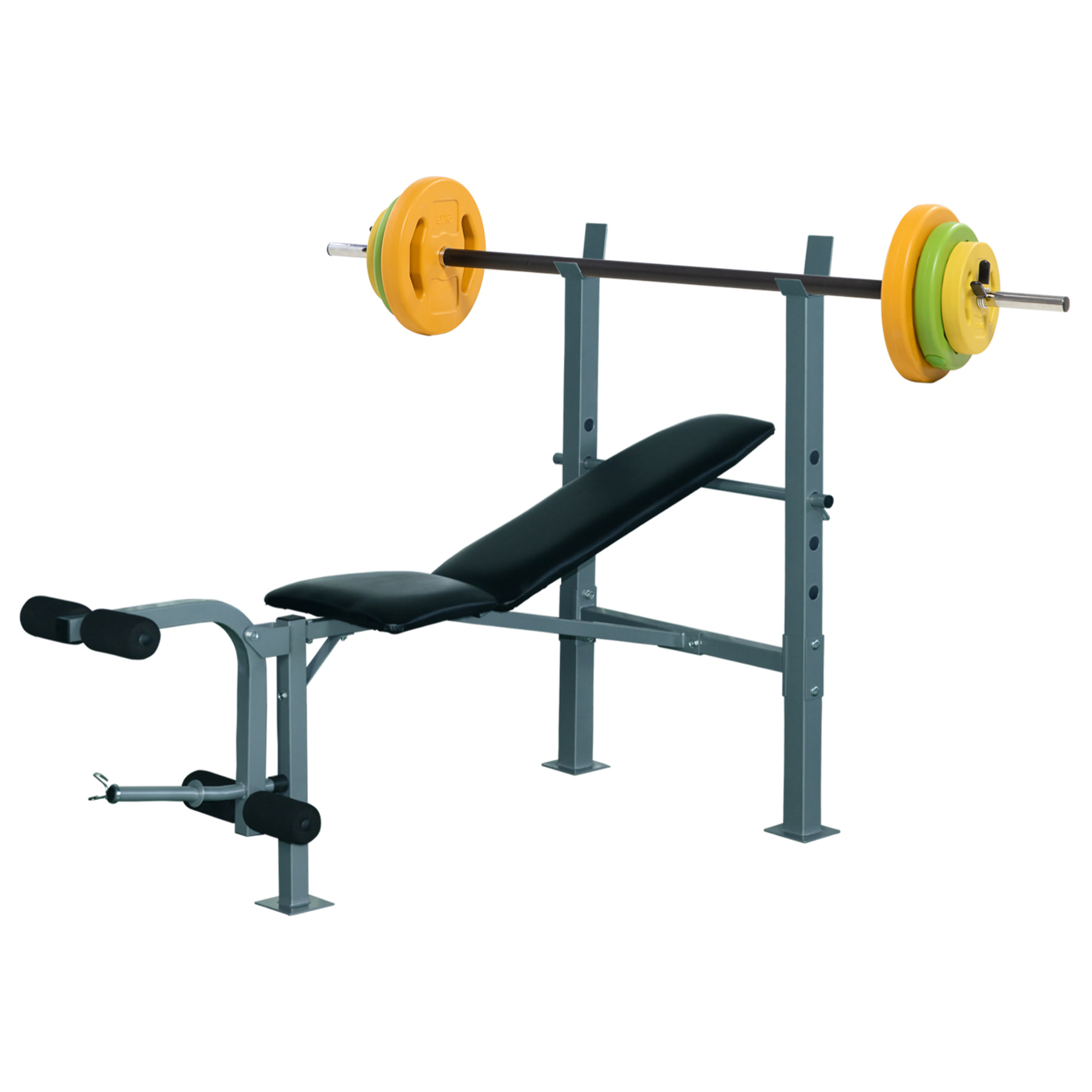 Conjunto de Banco de Pesas Multifuncional y Barra de Pesas con 6 Discos de Pesos Intercambiables para Entrenamiento Fuerza y Brazos en Gimnasio 165x68x114 cm 130x28x28 cm Multicolor