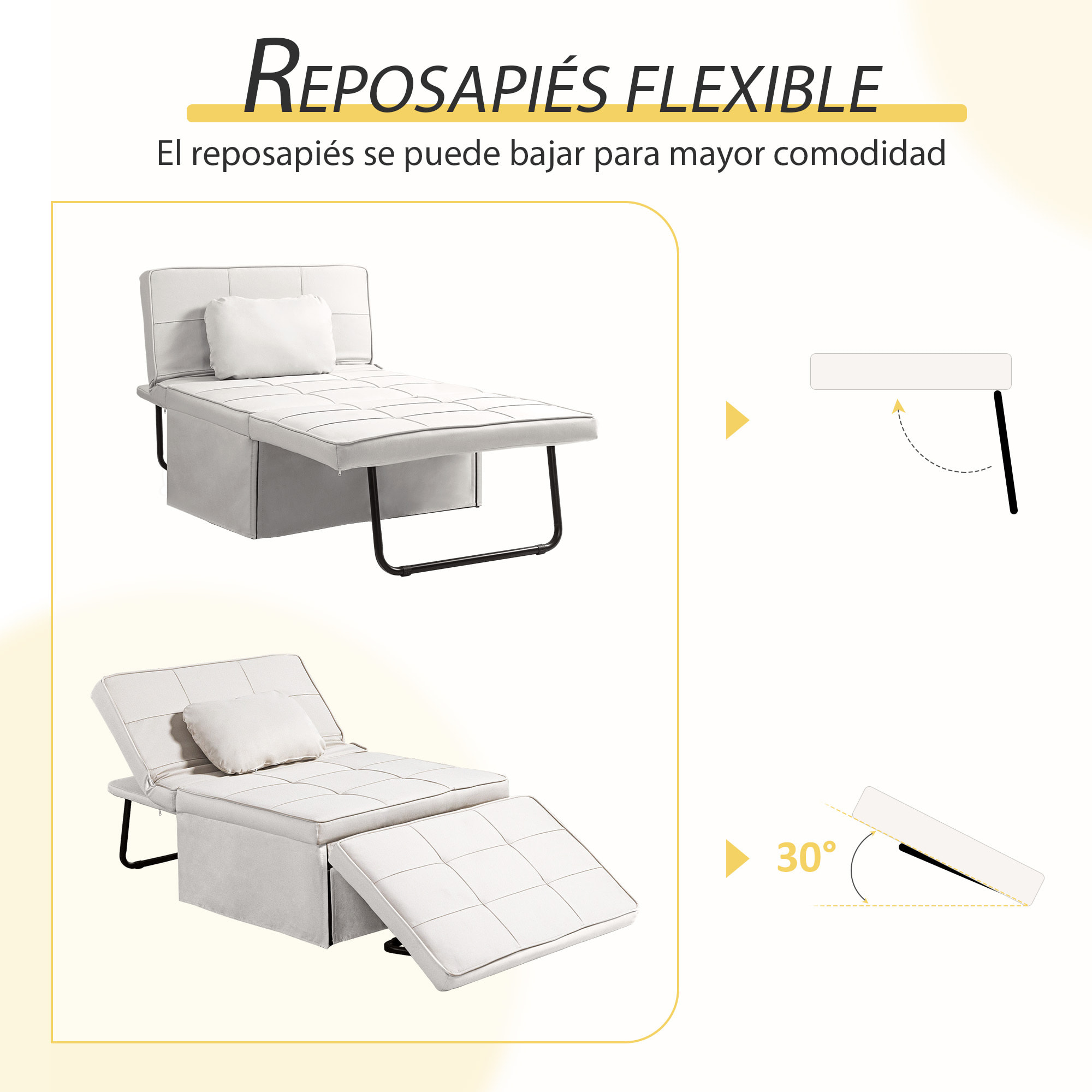 Sofá Cama Plegable 3 en 1 Sofá Cama de 1 Plaza Tapizado en Lino Sofá Cama Convertible con Respaldo Ajustable en 5 Posiciones Reposapiés y Reposacabezas Carga 200 kg Crema