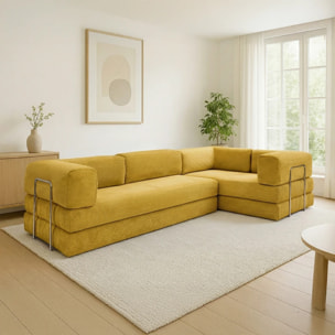TRENDY - Canapé compressé 5 places angle modulable en velours côtelé jaune