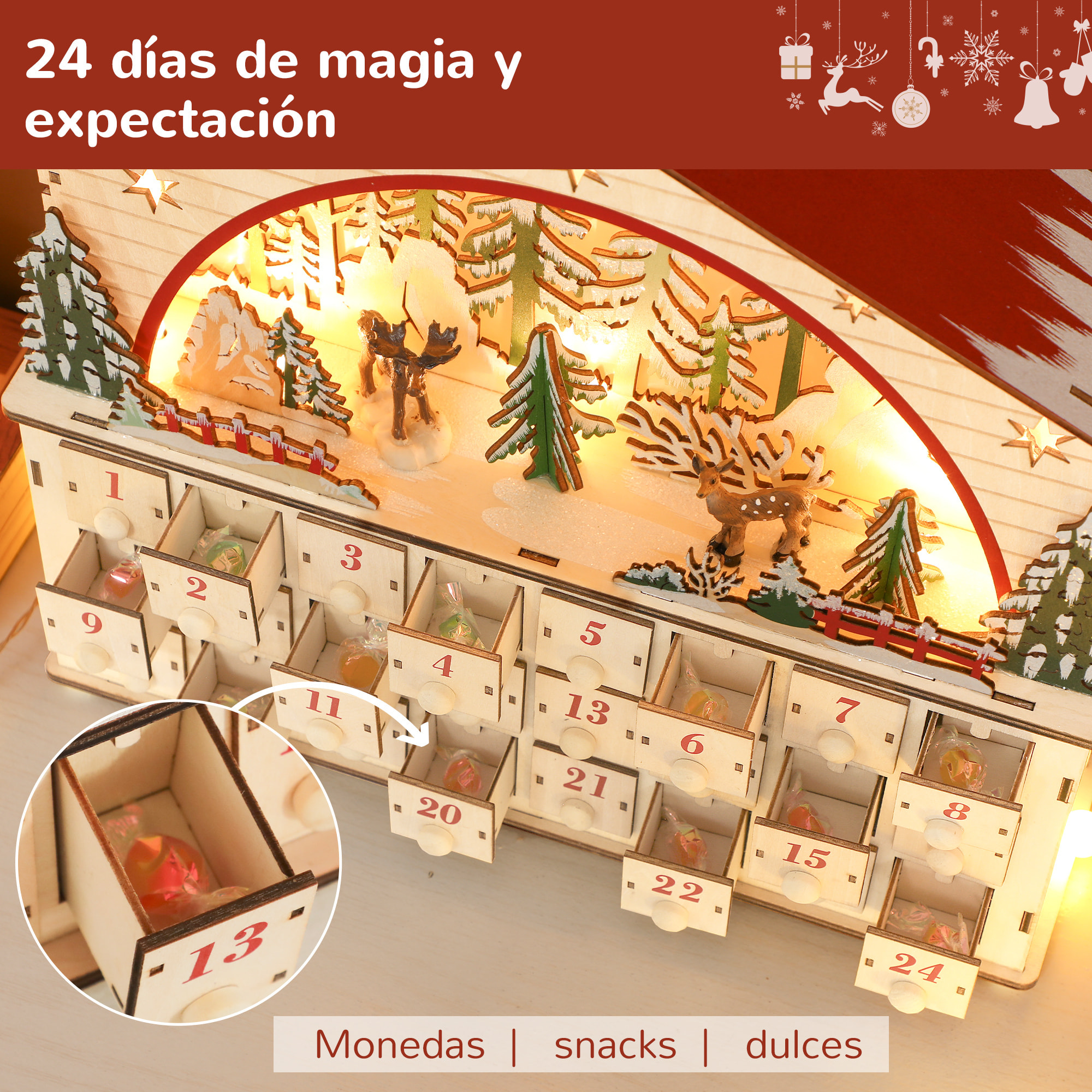 Calendario de Adviento para Rellenar de Madera, con Luces LED y 24 Cajones, Calendario de Adviento de Navidad Reutilizable con Escena de Pueblo, Decoración Navideña, 36x10x34 cm, Natural