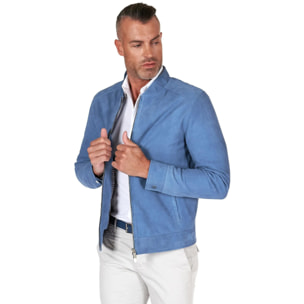 Giacca in pelle scamosciata blu denim con cerniera