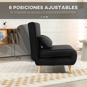 Sofá Cama Individual 3 en 1, Sillón Cama Plegable con Respaldo Ajustable en 6 Posiciones, Asiento Amplio, Almohada Acolchada, Patas de Madera, Carga 350 kg, 94x78x80 cm, Negro