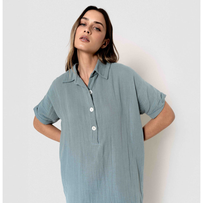 Vestido midi manga fluida muselina índigo