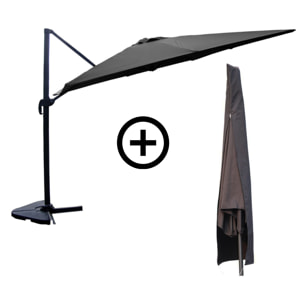 NAVIA Bundle parasol rectangulaire 3x4m déporté rotatif gris aluminium + housse