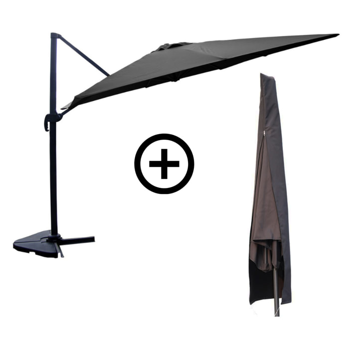 NAVIA Bundle parasol rectangulaire 3x4m déporté rotatif gris aluminium + housse