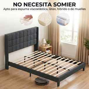Cama Tapizada 135x190 cm con Cabecero Acolchado con Orejas y Almacenaje Inferior, Marco de Cama Doble con Somier de Lamas de Madera, Diseño Moderno, Fácil Montaje, Gris
