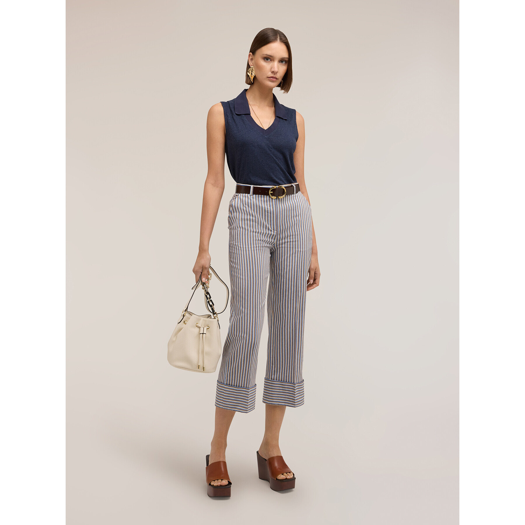 Motivi - Top scollo a V in misto lino con colletto - Blu