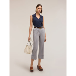 Motivi - Top scollo a V in misto lino con colletto - Blu