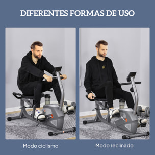Bicicleta Estática con Respaldo, 8 Niveles Resistencia Magnética, Bicicleta Estática para Casa, con Volante, Asiento Ajustable, Monitor LCD, Pulsómetro, Soporte de Teléfono y Ruedas, Gris