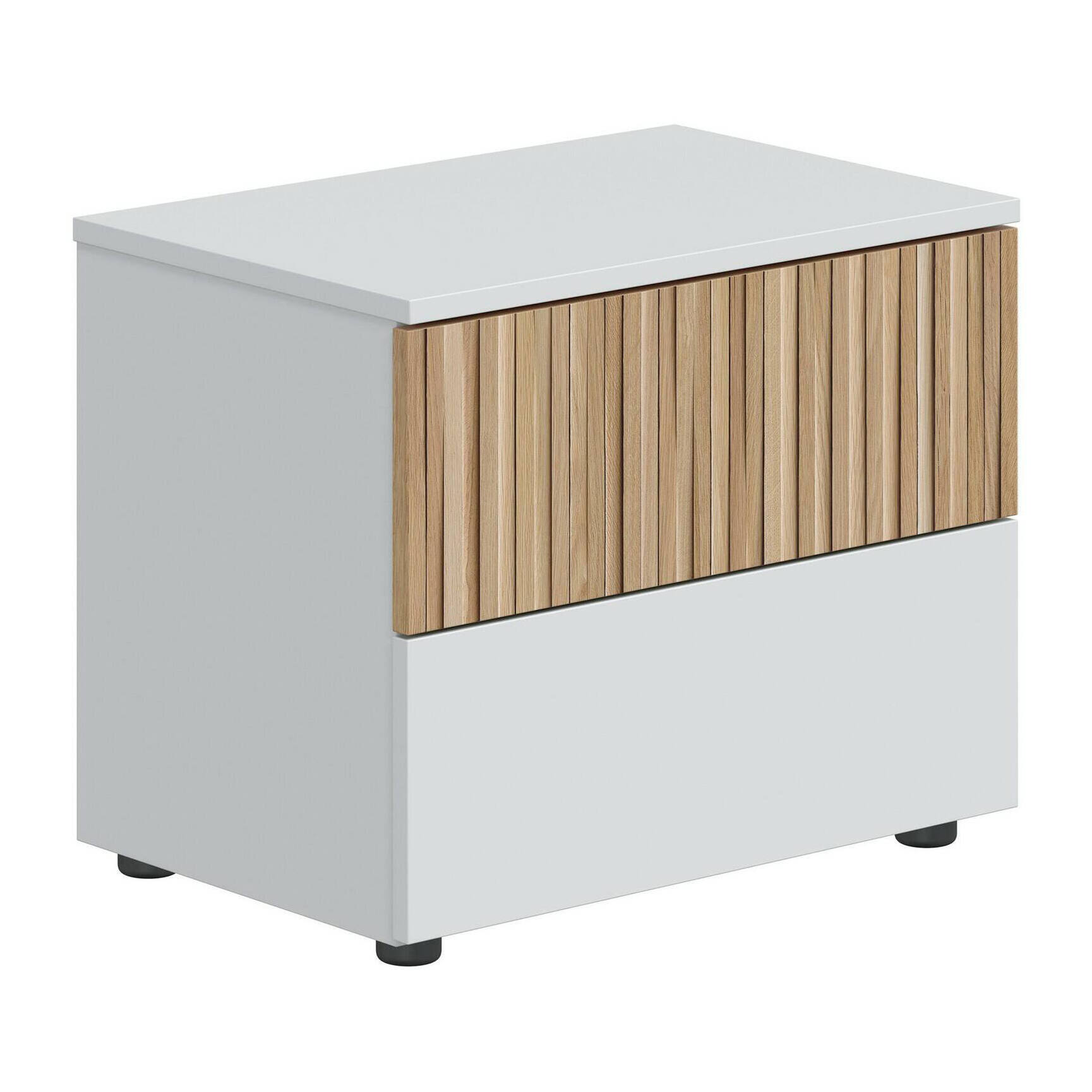 Comodino Josie, Comò basso, Tavolino da notte, Mensola da letto, 50x42 h34 cm, Bianco e Rovere
