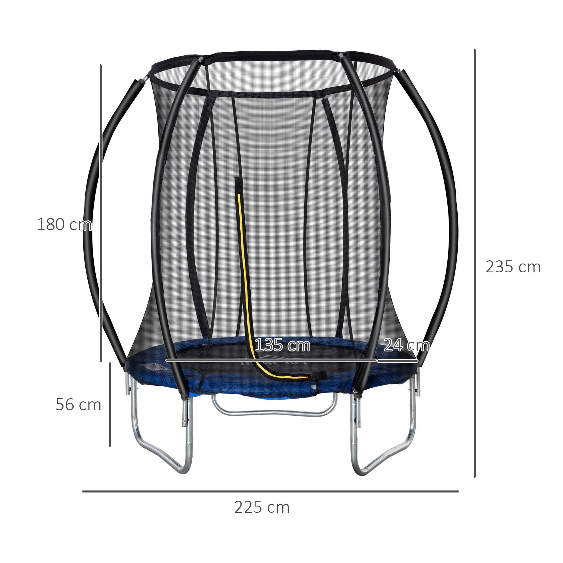 Trampoline enfant Ø 2,25 × 2,35H m filet de sécurité porte zipée couvre-ressorts 6 poteaux rembourrés incurvés bleu